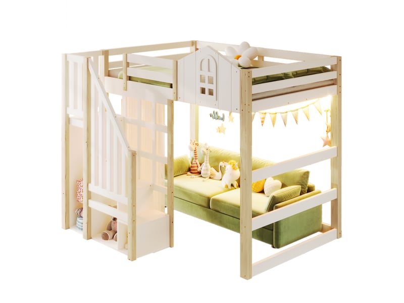 Lit mezzanine 140x200 cm avec rangements led et garde-corps, lit enfant avec sommier à lattes en pin blanc et naturel - Conforama A
