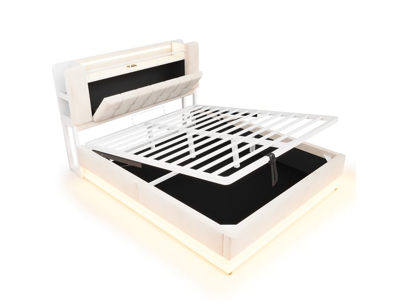 Lit coffre adulte,160x200 cm,avec led, usb et rangement,velours,beige - Conforama D
