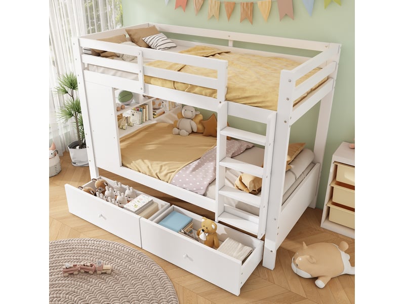  Lit superposé enfant 90 x 200 cm blanc en bois, 2 tiroirs, étagère ouverte et échelle intégrée pour chambre  - Conforama B