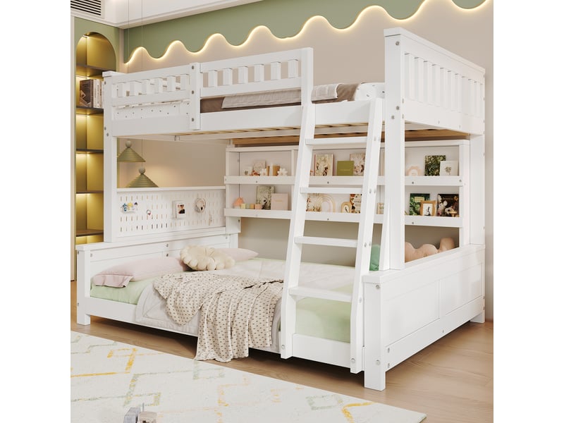  Lit superposé 120x200 et 140x200 cm, 2 couchages, séparable en 2 lits simples, doubles étagères, panneau perforé, échelle, pin et mdf, blanc  - Conforama C