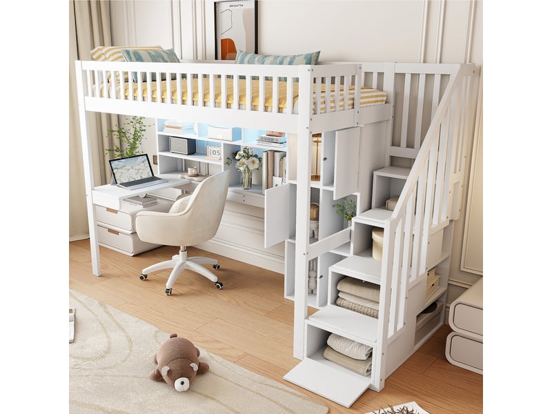  Lit surélevé 90*200cm blanc, led, échelle rangeante, étagères, bureau, sans matelas, structure en pin  - Conforama D