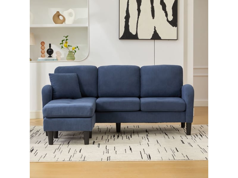  Canapé d'angle en l modulable, canapé 3 places velours côtelé bleu avec méridienne réversible, adapté aux petits espaces, 166x118x77 cm.  - Conforama E