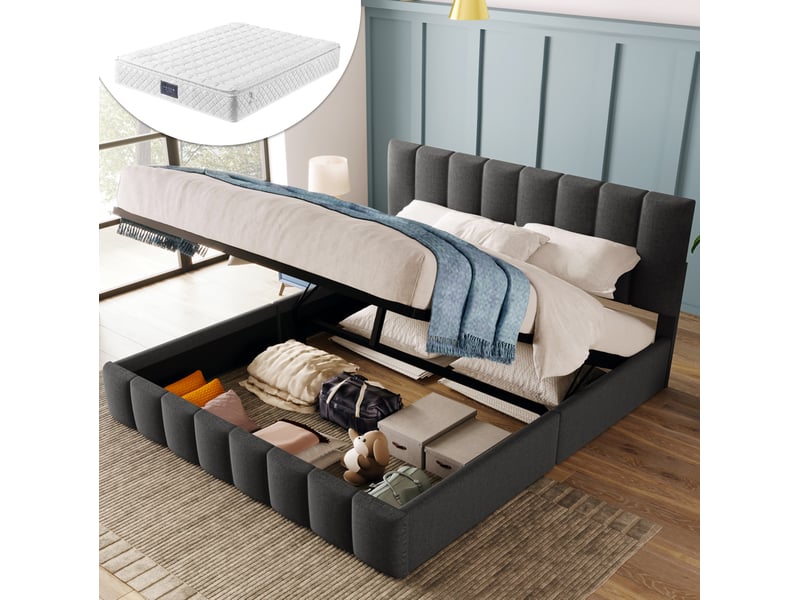  Lit coffre, 140x200 cm, hydraulique doté d’un espace de rangement, tête de lit réglable, matelas inclus, coloris gris  - Conforama B