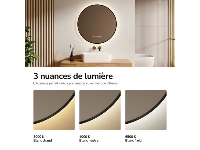 Emke miroir de salle de bain led rond 70x70 cm cadre noir, anti-buée, horloge, tactile, température de couleur et luminosité réglables - Conforama C