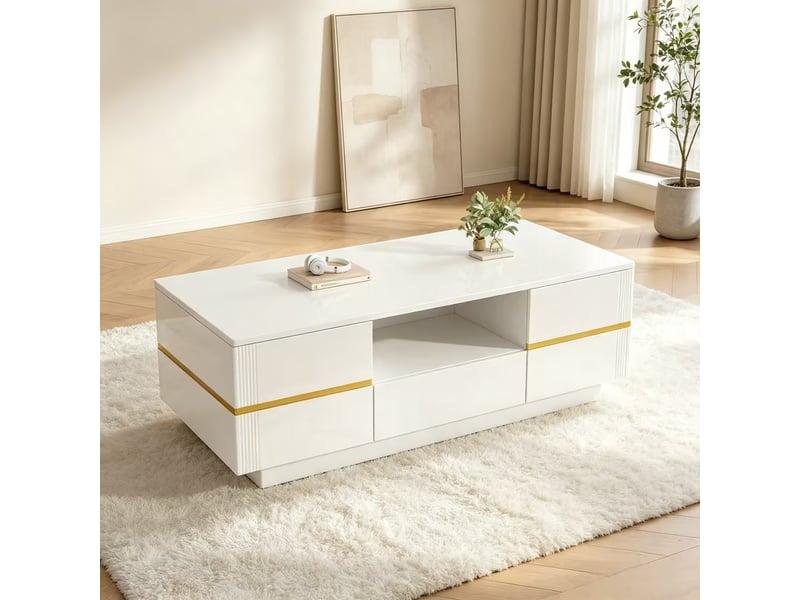  Table basse 100x50x35.5 cm - led intégrée - 2 portes à charnières - tiroir - tablette semi-ouverte - convertible - blanc et or ABC - Conforama B