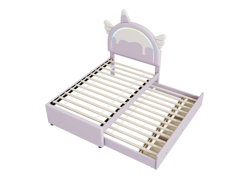 Lit enfant 90 x 200 cm, motif licorne, avec lit d'appoint extensible, en polyuréthane, violet  - Conforama D