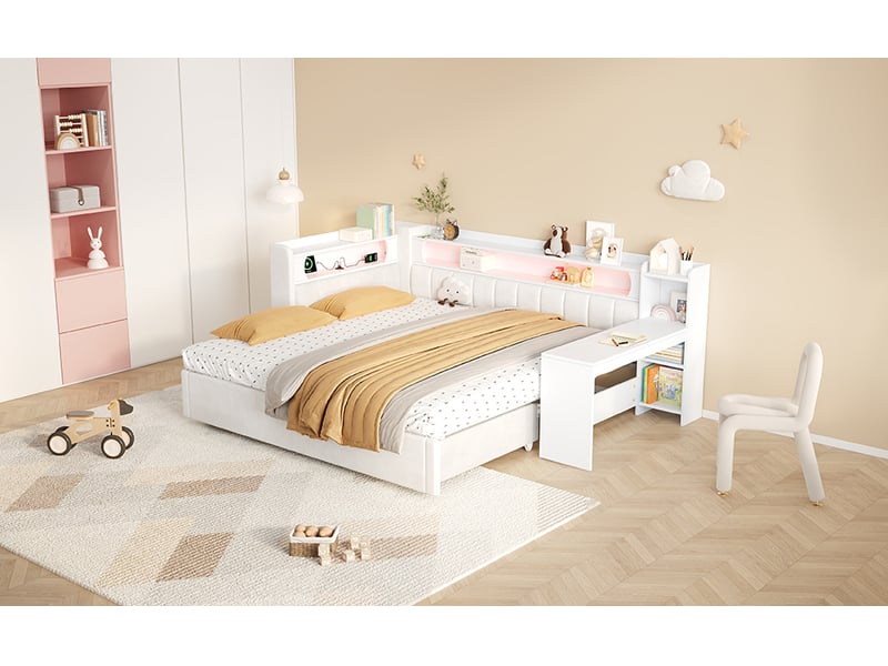  Lit banquette extensible 90 à 180 × 200 cm, bureau, led et prises usb, blanc  - Conforama B