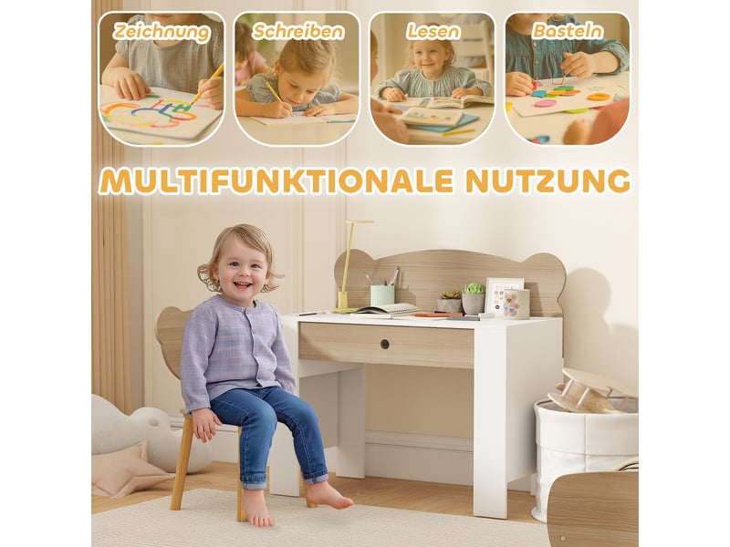  Ensemble bureau enfant, table et chaise en forme d'ours, tiroir, pour écrire et bricoler, 3-8 ans, bois naturel  - Conforama E