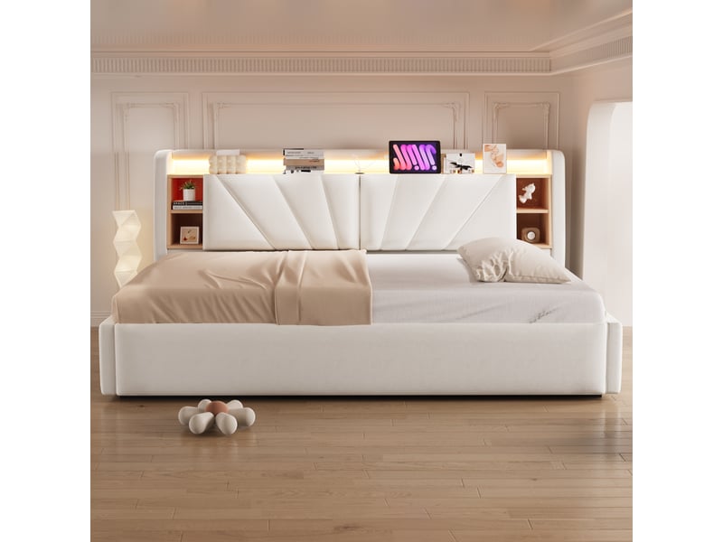  Lit coffre rembourré 90 x 200 cm – avec étagères – avec compartiments de rangement – ​​avec éclairage led et port usb – beige (matelas non inclus)  - Conforama B