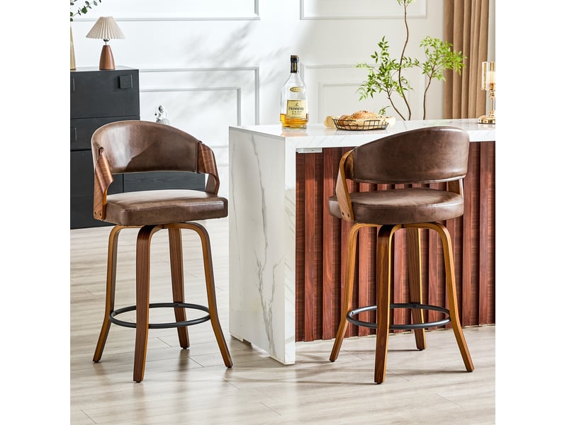  Lot de 2 tabourets de bar avec dossier incurvé en bois, assise rembourrée et repose-pieds, marron  - Conforama C