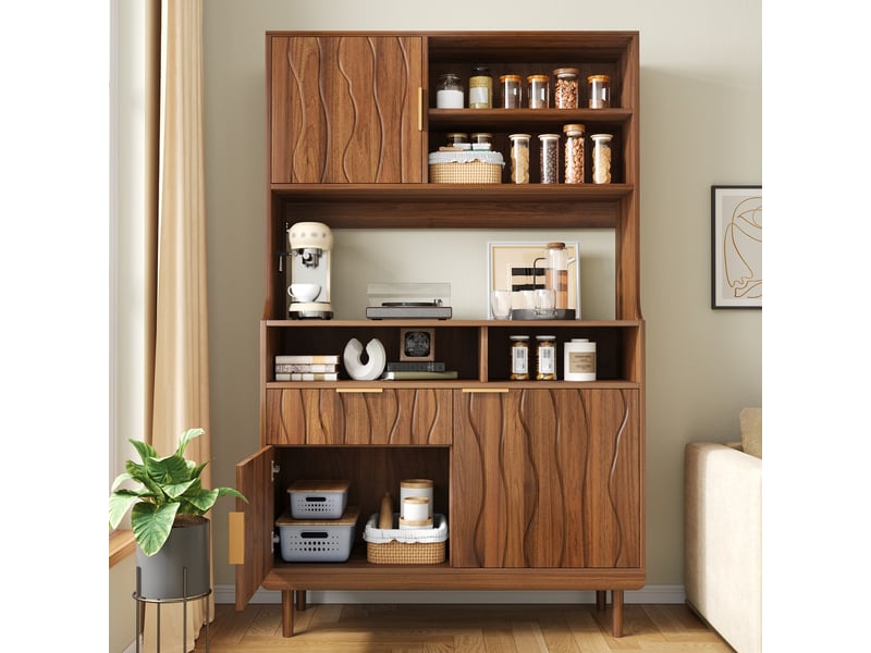  Buffet haut de cuisine 100x32x170 cm avec 3 portes, 1 tiroir, 4 niches ouvertes, façades ondulées, pieds en pin, mdf et aggloméré effet noyer  - Conforama B