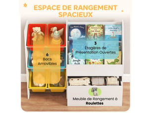 Meuble rangement enfant rangement jouets enfant 6 bacs amovibles et grand coffre à roulettes multicolore 100x30x80cm