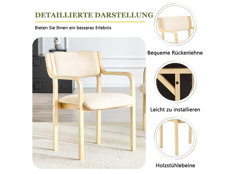  Lot de 2 chaises de salle à manger avec accoudoirs et dossier courbé  - bois cintré, tissu teddy - blanc  - Conforama E