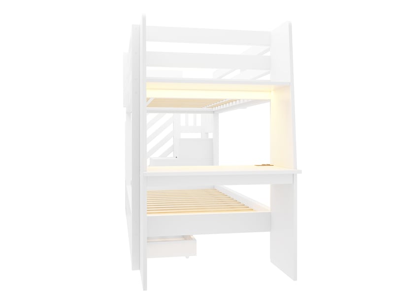 Lit mezzanine enfant 90x200 cm blanc en bois avec bureau, bibliothèque, led et rangements, sans matelas - Conforama D