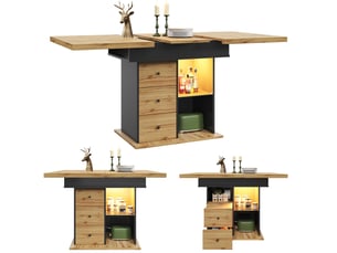 Table à manger extensible noir et naturel, 2 tiroirs, rangement, éclairage led, roulettes, pliable, solide - mdf - 110-140x80cm