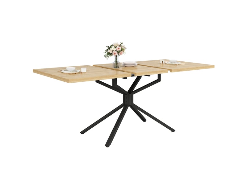  Table à manger extensible 120 à 160 cm en mdf bois clair, piètement étoilé noir, idéale pour 4 à 6 personnes  - Conforama A