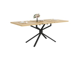 Table à manger extensible 120 à 160 cm en mdf bois clair, piètement étoilé noir, idéale pour 4 à 6 personnes