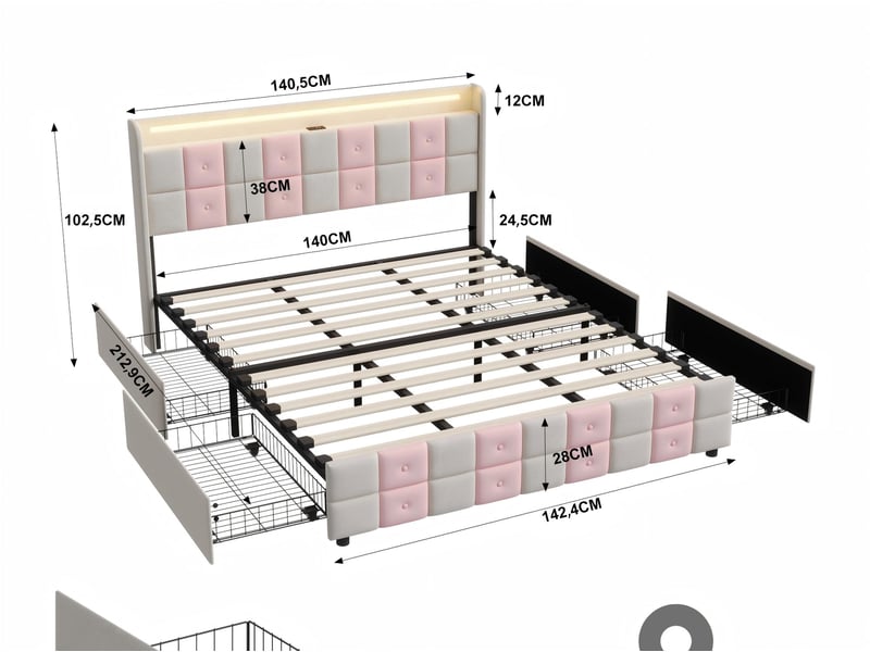  Lit 2 places 140 x 200 cm - avec tiroirs de rangement - éclairage led intégré - port usb - velours  - Conforama C