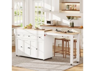 Îlot de cuisine sur roulettes avec plan de travail extensible, étagère à épices et tiroirs, desserte mobile mdf blanc