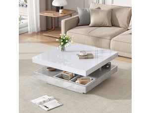 Table basse double plateau rotatif 360° 70x70x36 cm, rangement, panneau de particules, blanc et effet marbre gris