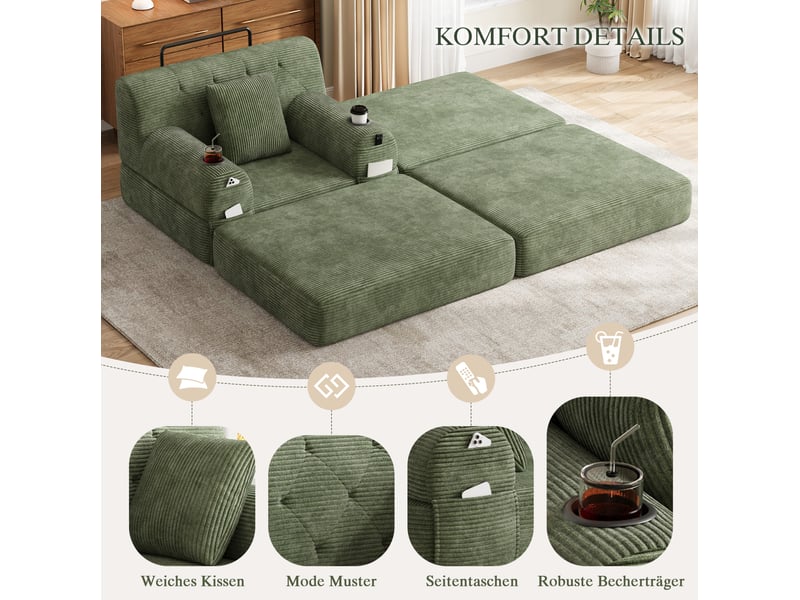  Fauteuil-lit 1 place convertible 107x162x81 cm, couchage déployé 191c162c60 cm, velours côtelé vert sans matelas  - Conforama E