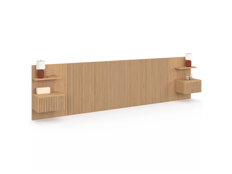  Tête de lit suspendue juliette 240 cm avec chevets + tiroir effet lattes tasseau bois  - Conforama A