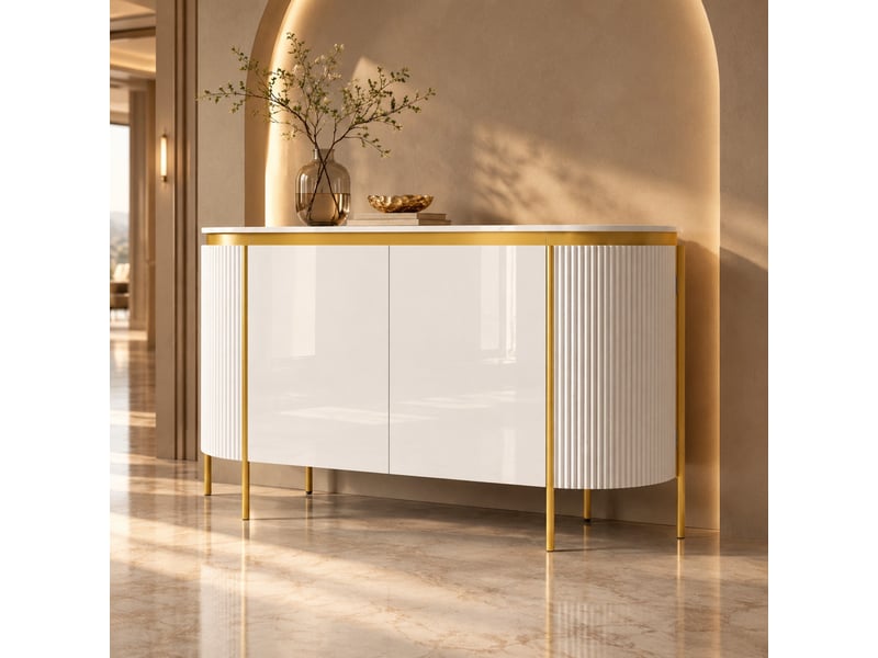  Buffet ulevr 4 portes sans poignées 140 x 38 x 80 cm, rangement à étagère, mdf blanc et pieds en fer  - Conforama E