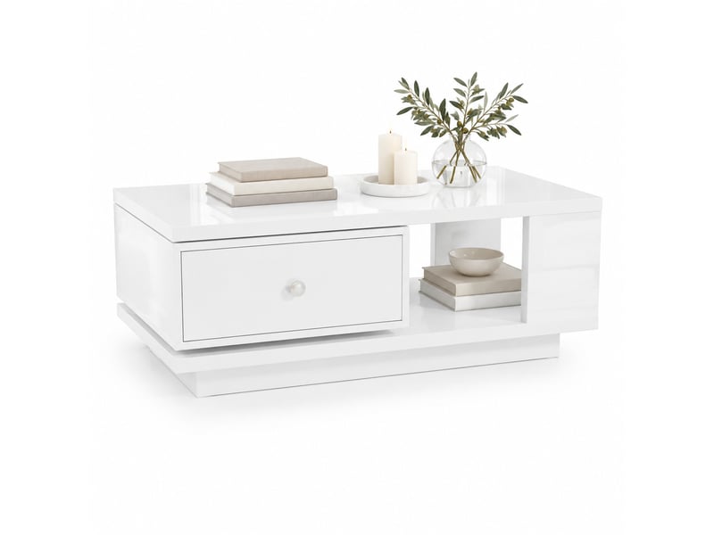  Table basse blanche avec tiroir pivotant, niche ouverte et finition brillante  - Conforama A