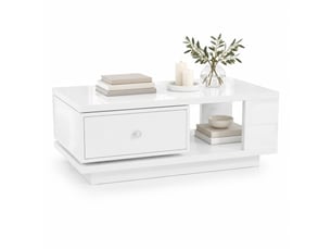 Table basse blanche avec tiroir pivotant, niche ouverte et finition brillante