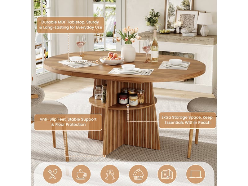 Table à manger ronde extensible 110-150x110x77,5 cm en mdf finition noyer, pour 2 à 8 personnes, rangement intégré. - Conforama E