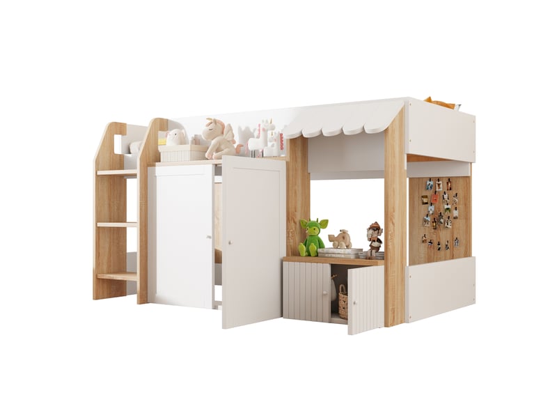  Lit enfant maison 90x200 cm blanc et bois naturel, échelle et rangement ouvert, sans matelas  - Conforama A