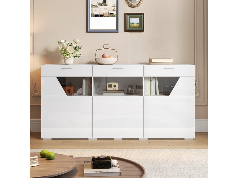  Buffet bas 160x38x78 cm blanc brillant, 3 portes vitrées avec led pilotée par application  - Conforama E