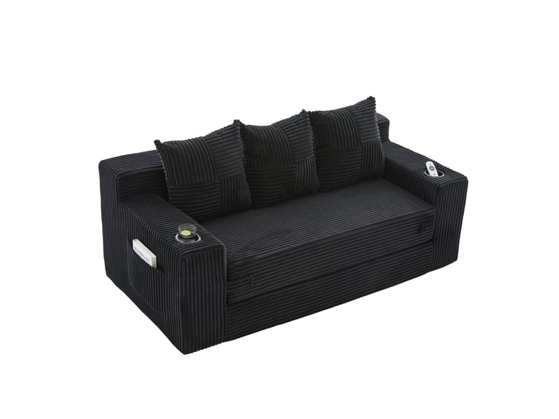 Canapé modulaire 2 places convertible en coussins, avec porte-boissons et poches latérales en velours côtelé noir - Conforama A