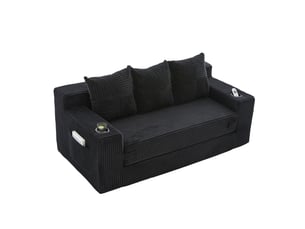 Canapé modulaire 2 places convertible en coussins, avec porte-boissons et poches latérales en velours côtelé noir