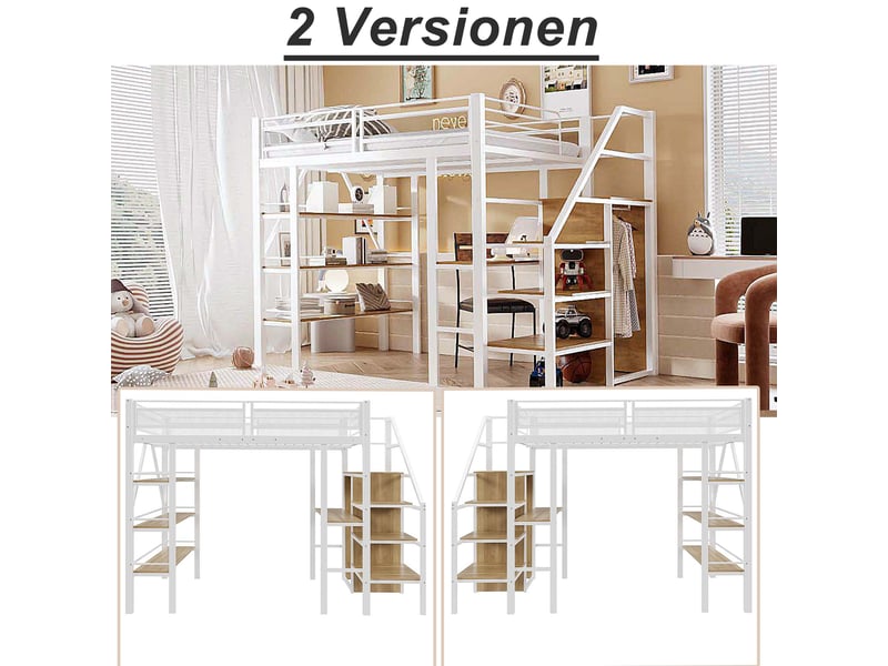  Lit mezzanine 200×140 cm avec bureau, armoire, étagères et escalier avec rangements, en métal  - Conforama E