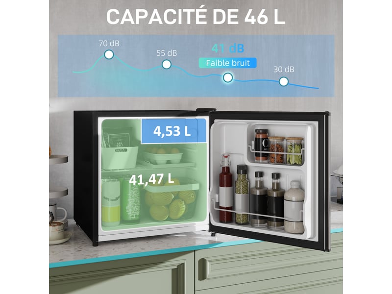Réfrigérateur congélateur 46 l, petit réfrigérateur combiné avec portes réversibles, 48 x 44 x 49 cm, argenté - Conforama D