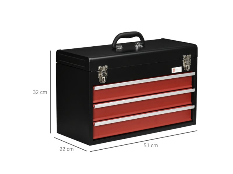  Caisse à outils vide en acier noir et rouge, 3 tiroirs, poignée et serrure, rangement pratique  - Conforama E