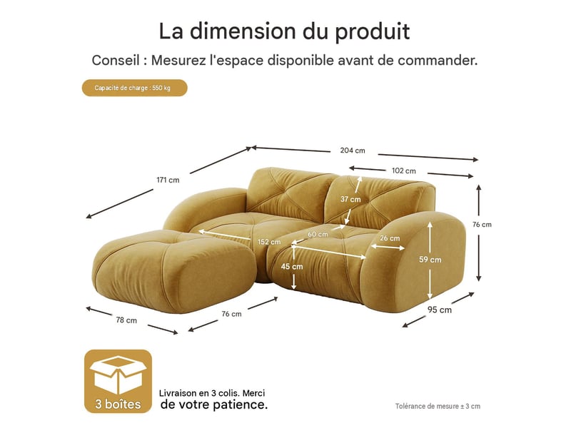  Canapé modulable 2 places avec pouf en tissu chenille jaune W3325S00343 - Conforama C