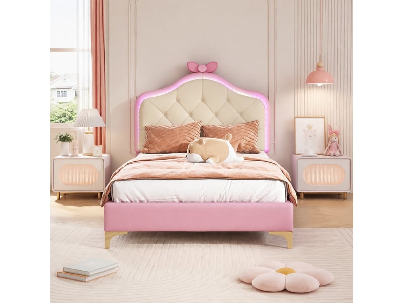  Lit enfant 90x200 cm avec led multicolores, revêtement pu rose et blanc  - Conforama D