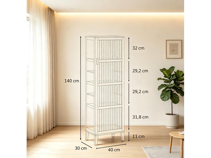  Armoire de rangement haute en bambou avec porte ajourée, 4 étagères et sangles anti-basculement, 40 cm  - Conforama C