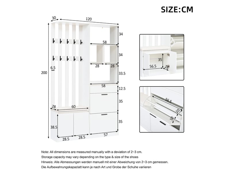 Meuble d’entrée blanc en mdf 120 x 30 x 200 cm, vestiaire avec banc rembourré, 10 patères et rangement à chaussures - Conforama C
