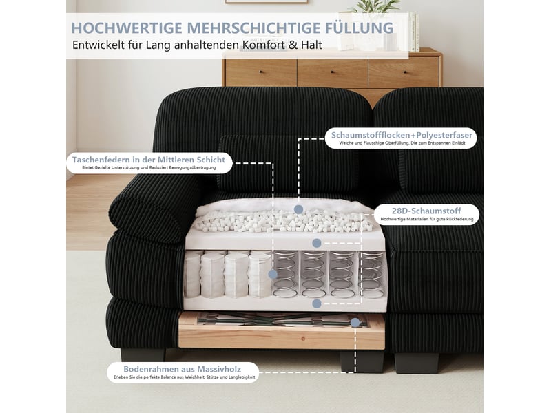 Canapé modulaire en l 4 places 336x161x94 cm avec pouf, assise profonde, design ergonomique, velours côtelé noir - Conforama E