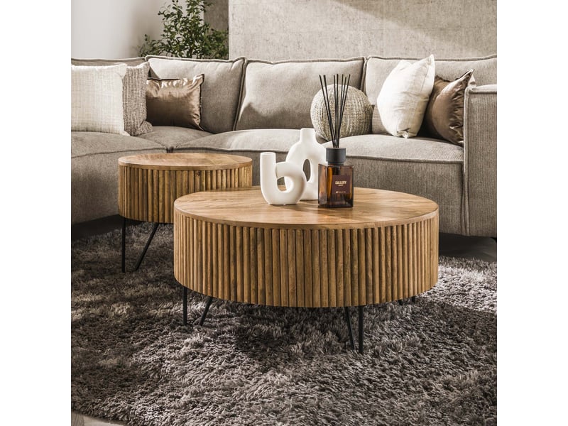  Lot de 2 tables en bois de manguier piètement en acier noir  - Conforama B
