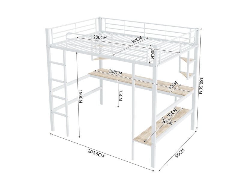 Lit mezzanine simple en métal 90 x 200 cm avec bureau & rangement, blanc - Conforama C