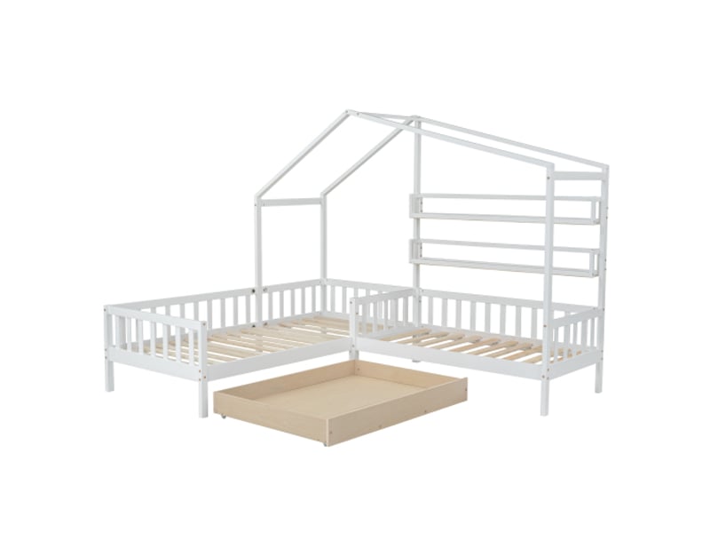  Lit enfant cabane - 90x200 cm + 140x70 cm, avec tiroirs et étagères, clôture et sommier à lattes, en l, blanc  - Conforama A