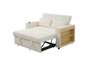 Canapé 2 places, transformable en lit, avec porte-gobelets, avec ports usb, en tissu chenille, coloris beige, l140 x p137 x h84 cm