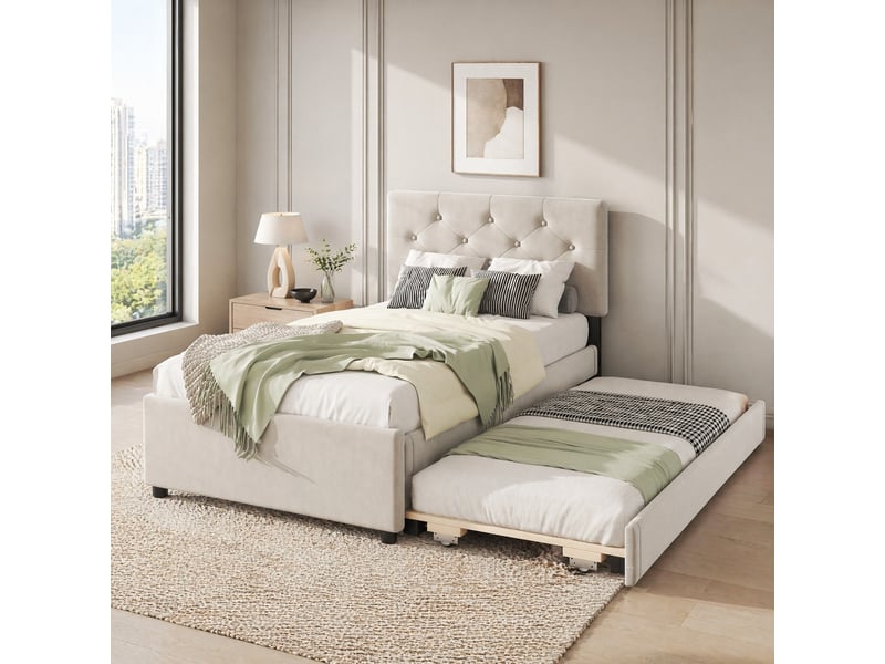  Lit gigogne 90x200 cm avec sommier à lattes et tête de lit capitonnée  - Conforama D