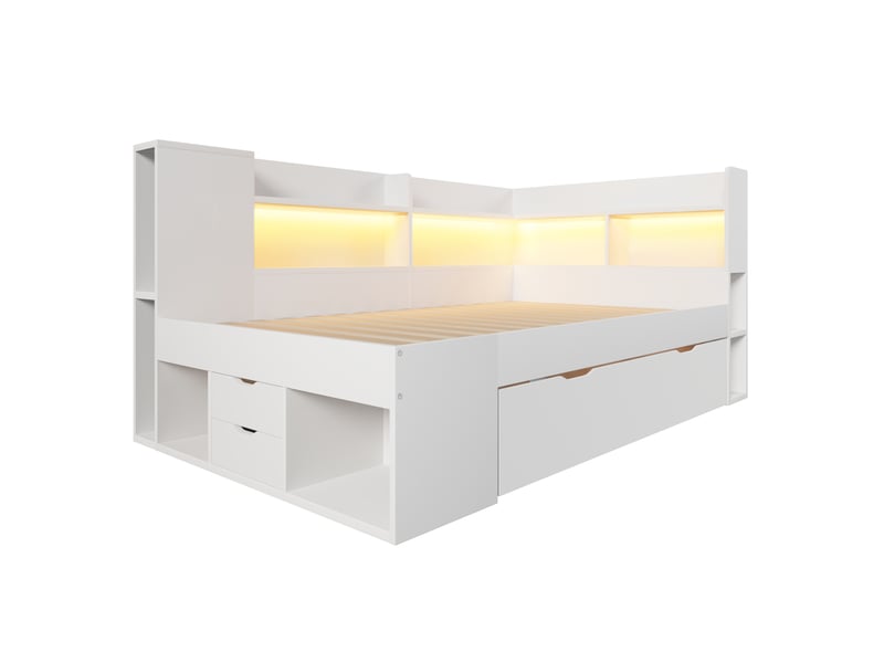  Lit banquette 90 x 200 cm blanc en bois, led, rangements, tiroirs, usb type-c avec sommier à lattes  - Conforama E
