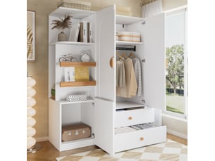 Armoire de rangement modenvie 125 x 50 x 180 cm avec penderie, tiroirs et étagères ouvertes en mdf blanc et naturel