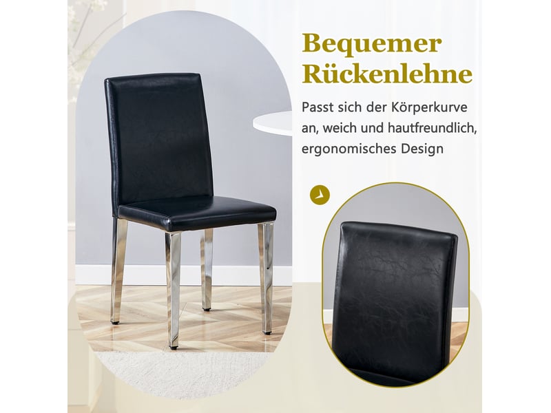 Chaise de salle à manger lot de 6 avec dossier incurvé et assise rembourrée, en polyuréthane noir et métal argenté - Conforama E